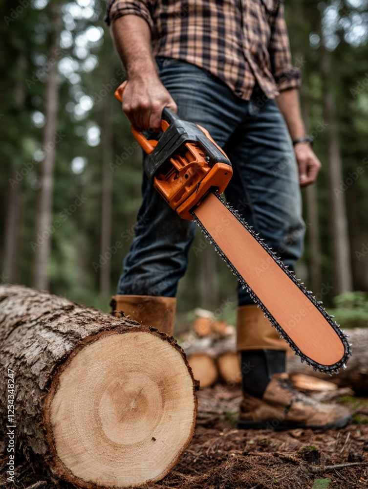 Man using chainsaw to cut logs in forest area Man using chainsaw to cut logs in forest area
