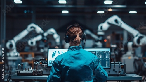 Focused Technician Monitoring Industrial Robots: A Serene Tech Scene