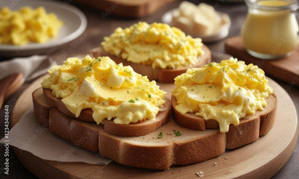 Sourdough toast topped with scrambled eggs and cheese, breakfast, brunch, sourdough Sourdough toast topped with scrambled eggs and cheese, breakfast, brunch, sourdough