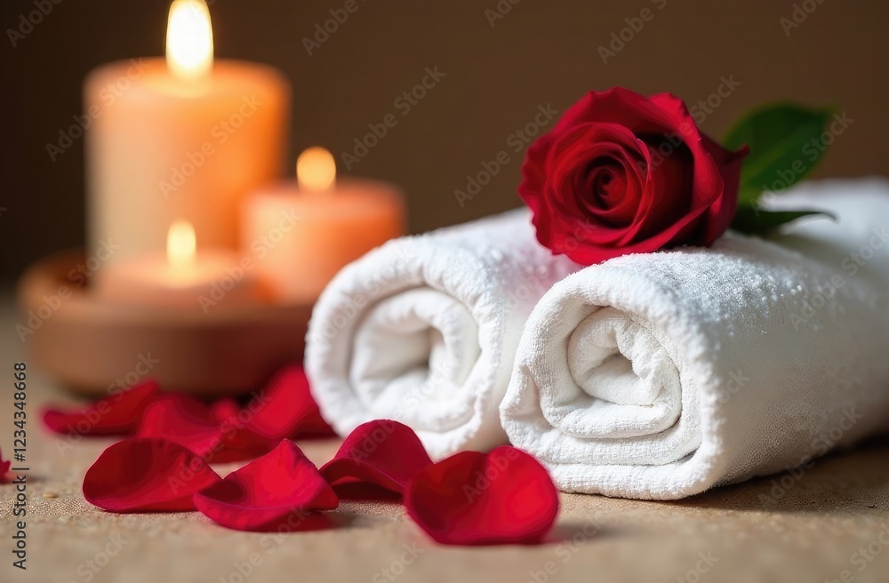 Calm spa background with candles, rolled towels and rose flowers, calm atmosphere for relaxation and meditation, concept for spa vacation, beauty salons, wellness centers, spa retreats, wellness Calm spa background with candles, rolled towels and rose flowers, calm atmosphere for relaxation and meditation, concept for spa vacation, beauty salons, wellness centers, spa retreats, wellness