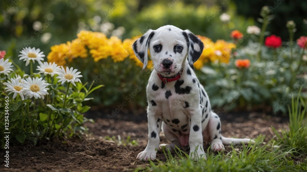 Adorable Dalmatian puppy sits amidst a vibrant garden, surrounded by colorful flowers. A charming springtime scene! Adorable Dalmatian puppy sits amidst a vibrant garden, surrounded by colorful flowers. A charming springtime scene!