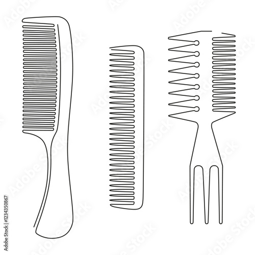 Hair combs one line continuous drawing. Comb icon symbol. Barber shop and hairdresser tools for haircut. Minimalist sign logo for beauty salon. Vector illustration. Hand drawn linear silhouette.