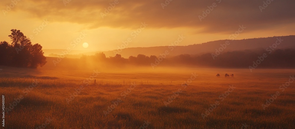 Sunrise over misty field, distant hills, golden light Sunrise over misty field, distant hills, golden light