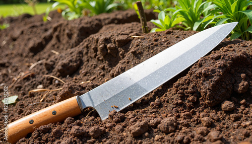 Gardening knife resting on rich brown soil photo