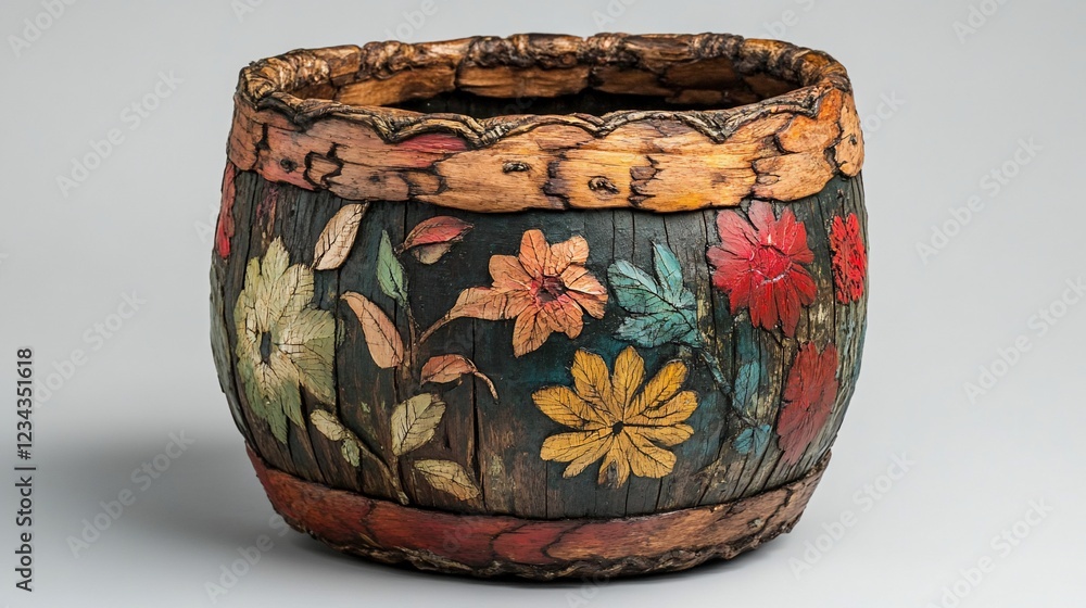 Hand-painted Wooden Floral Barrel: A Rustic Masterpiece Hand-painted Wooden Floral Barrel: A Rustic Masterpiece