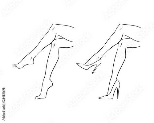 Vector fashion line sketch illustration of beautiful, slim female legs, isolated on a white background. High-heeled fashion feet template. Women's legs and feet croquis.