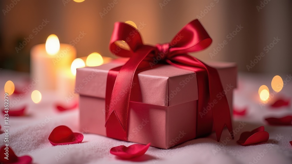Romantic Gift Box with Red Ribbon and Rose Petals - Valentine's Day Present Stock Photo Romantic Gift Box with Red Ribbon and Rose Petals - Valentine's Day Present Stock Photo