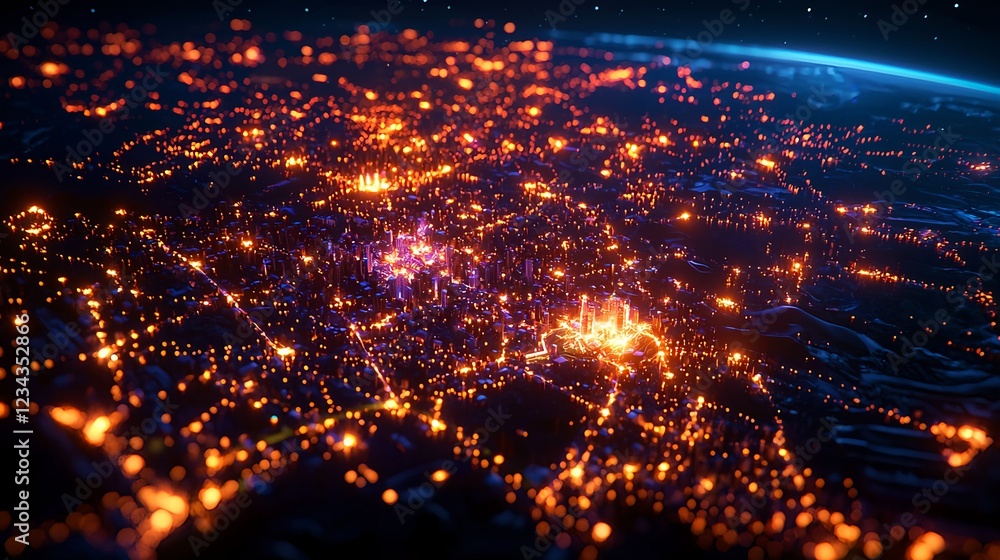 Fototapeta premium Glowing City Lights at Night from Space