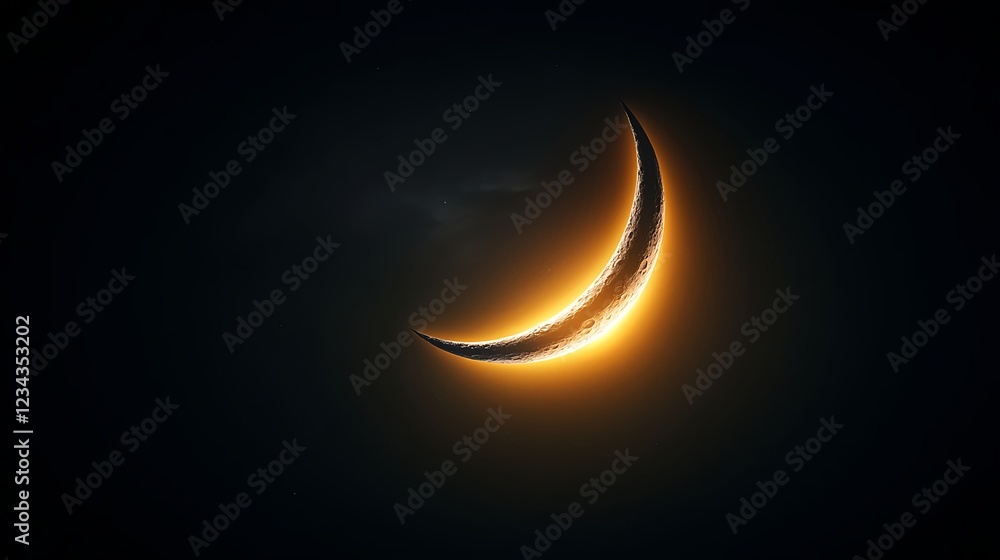 Glowing Crescent Moon in Dark Night Sky Glowing Crescent Moon in Dark Night Sky