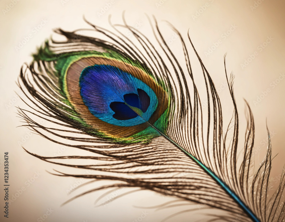 Fototapeta premium A single peacock feather, isolated against a softly blurred background