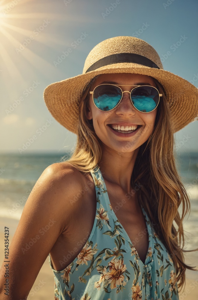 Woman enjoying a sunny beach day, wearing a floral dress, sun hat, and sunglasses. Pure summer bliss! Woman enjoying a sunny beach day, wearing a floral dress, sun hat, and sunglasses. Pure summer bliss!