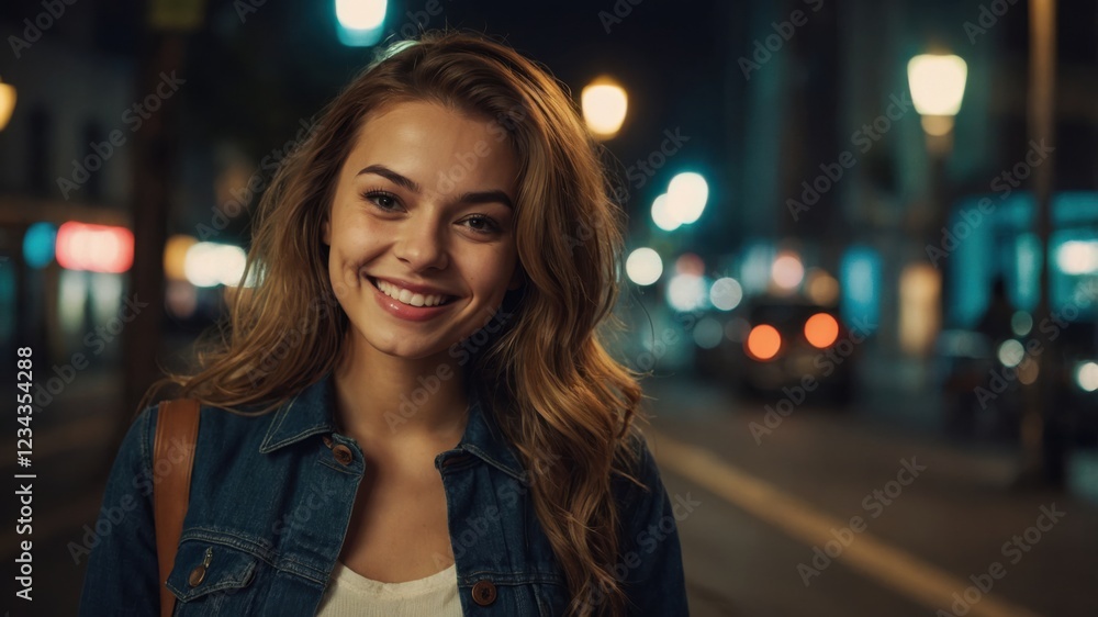 Smiling woman in a denim jacket at night, city lights blurred in the background. A portrait of youthful joy and urban life. Smiling woman in a denim jacket at night, city lights blurred in the background. A portrait of youthful joy and urban life.