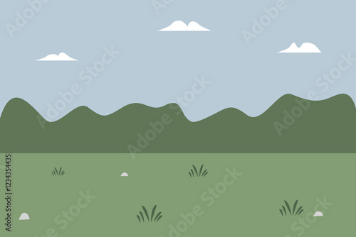 Savanna illustration. Wildlife place. Cartoon landscape. Fable background. Children book background. Grass. Bushes. Hillside scape. Filed landscape.
