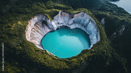 A volcanic crater with a turquoise lake in its center.