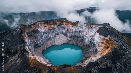A volcanic crater with a turquoise lake in its center.
