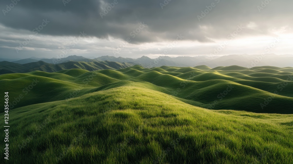 Obraz premium A windswept grassland with rolling hills stretching into the horizon.