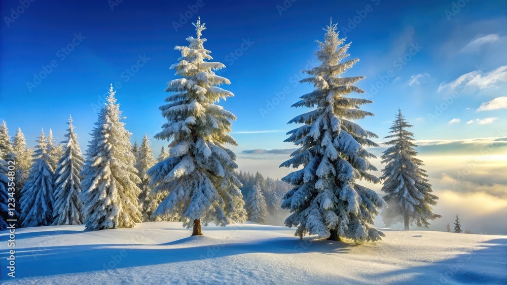Fototapeta premium Snow-covered pine trees standing alone against a clear blue winter sky with silvery mist floating around them, nature's beauty, frosty atmosphere