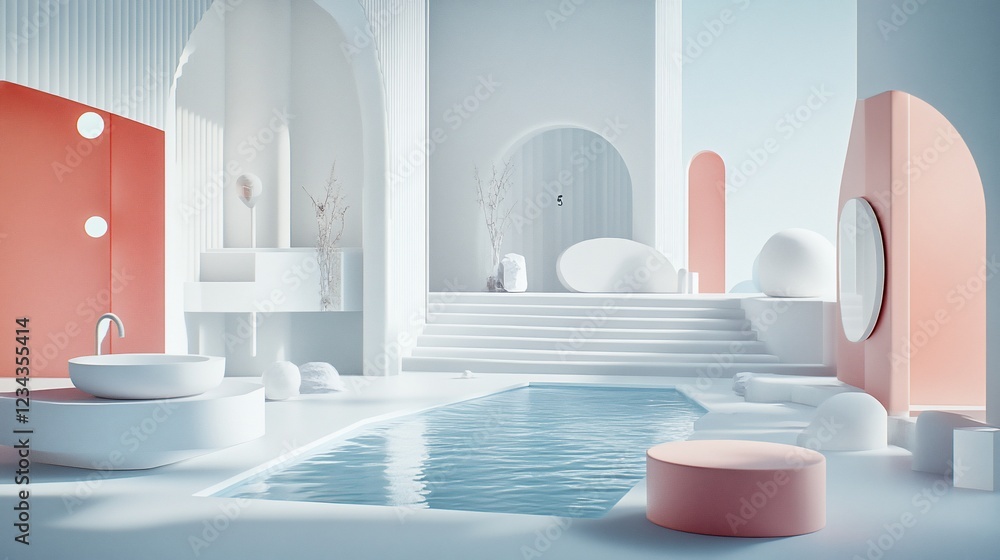 Minimalist white poolside architecture rendering, coral accents, serene background, product display Minimalist white poolside architecture rendering, coral accents, serene background, product display