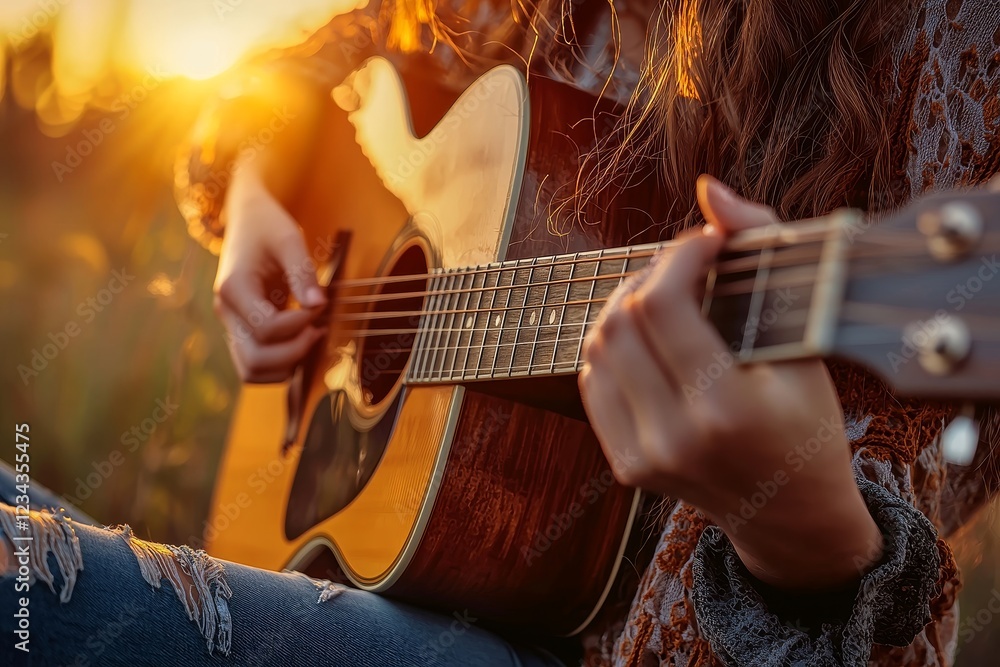 Fototapeta premium Woman playing an acoustic guitar outdoors during sunset with hands in focus