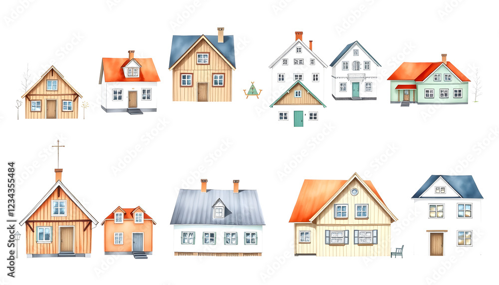 Watercolor scandinavian houses collection. Hand drawn illustration on white background , with white tonespng Watercolor scandinavian houses collection. Hand drawn illustration on white background , with white tonespng