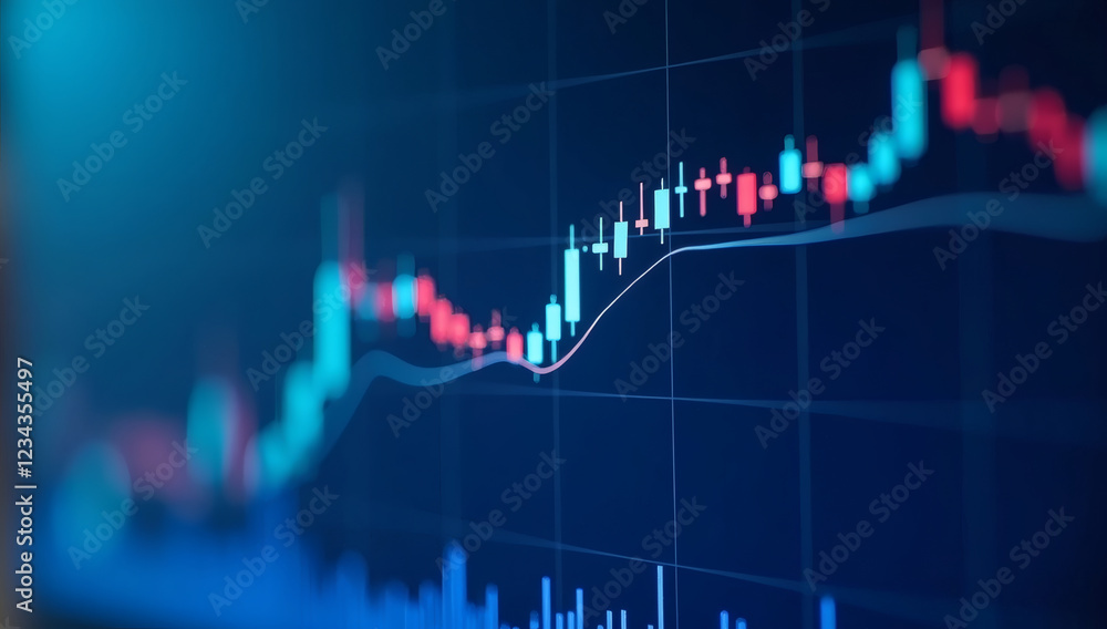 Closeup financial chart with uptrend line candlestick graph in stock market on blue color monitor background