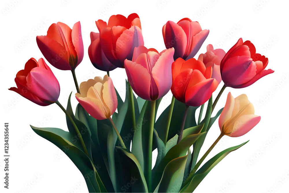 Fototapeta premium Red Pink and Yellow Tulip Bouquet On A White Background, Transparent PNG