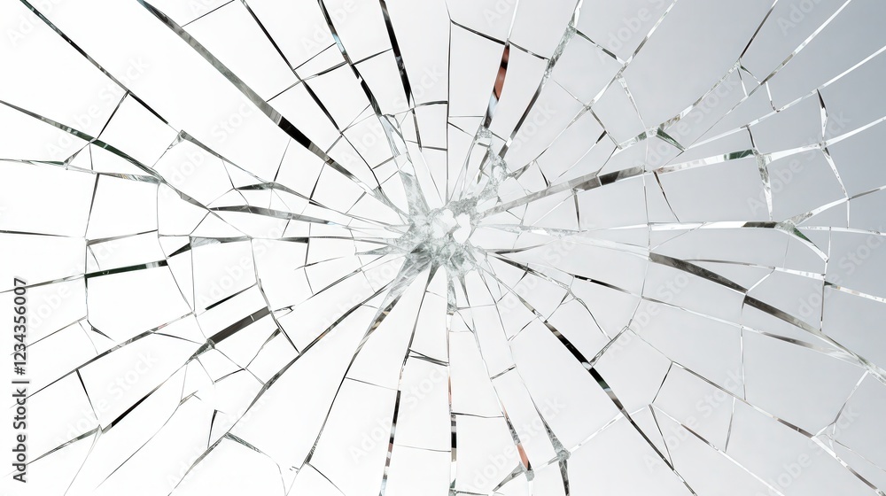 Obraz premium Intricate Patterns of Broken Glass on a White Background with Reflections Capturing Light and Depth in a Unique Perspective