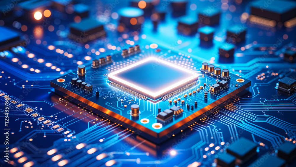 Advanced processor chip glowing on a futuristic circuit board with intricate details Advanced processor chip glowing on a futuristic circuit board with intricate details