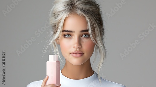 A skincare model with white-tone skin and a friendly expression holding a pastel pink facial cleanser bottle. Her clear skin and minimalist background bring focus to the product and its design.  photo