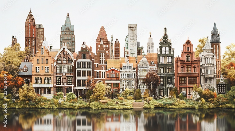 Autumnal Canal-Side Cityscape: A Charming Reflection of Dutch Architecture Autumnal Canal-Side Cityscape: A Charming Reflection of Dutch Architecture