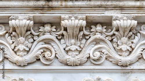 Intricate Baroque Architectural Ornament:  Close-up of Exquisite White Stone Carving Detailing Floral and Scroll Motifs
