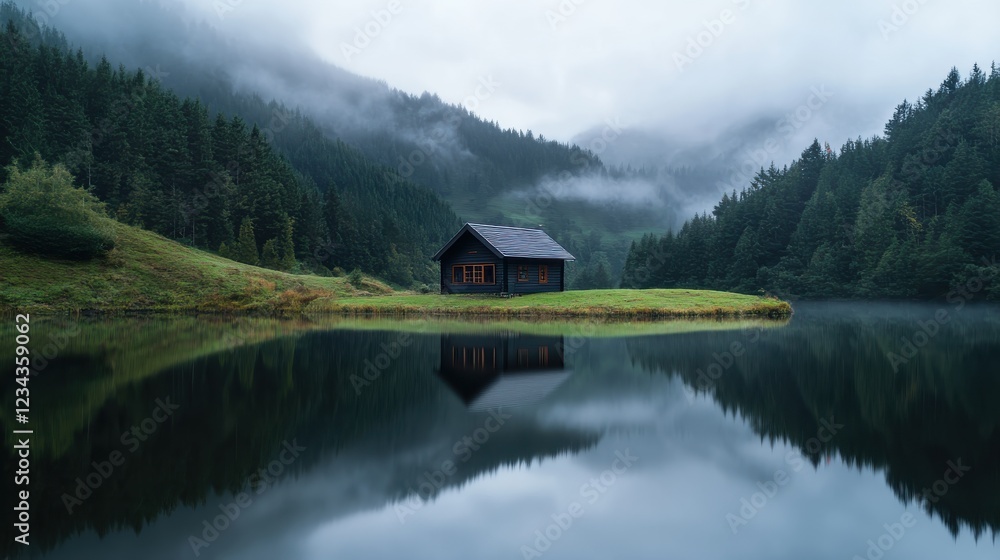 Fototapeta premium A peaceful countryside scene with a small wooden house by a lake.