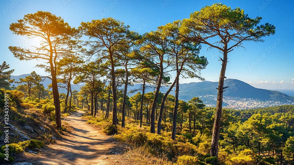 Fototapeta premium Sunlit Trail Through Pine Forest Mountain Vista