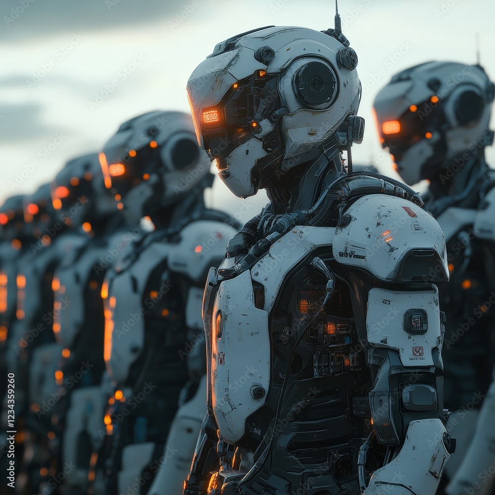 A line of advanced humanoid robots, emphasizing the future of AI, automation, and industrial innovation. A line of advanced humanoid robots, emphasizing the future of AI, automation, and industrial innovation.