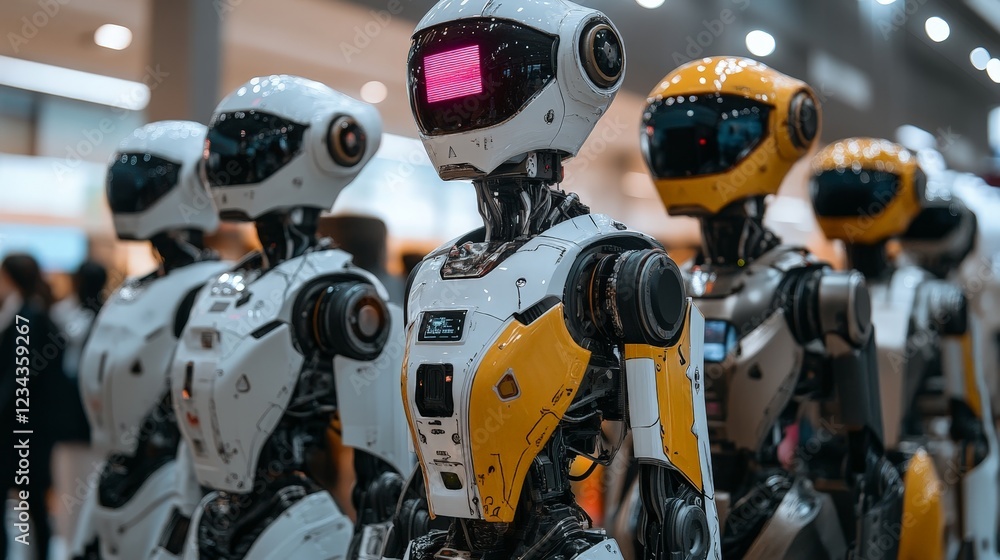 A line of advanced humanoid robots, emphasizing the future of AI, automation, and industrial innovation. A line of advanced humanoid robots, emphasizing the future of AI, automation, and industrial innovation.