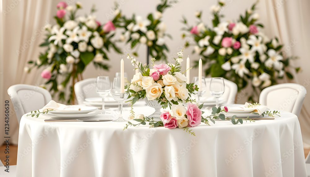 Beautiful table setting with floral decor , with white tonespng Beautiful table setting with floral decor , with white tonespng