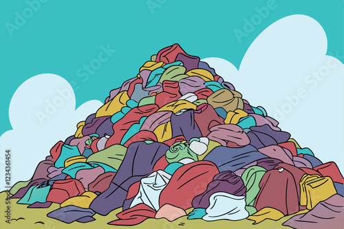 16 Massive pile of discarded clothing, textile waste mountain, environmental pollution, vibrant colors, blue sky background, landfill crisis, fast fashion impact, oversaturation of garments, environme