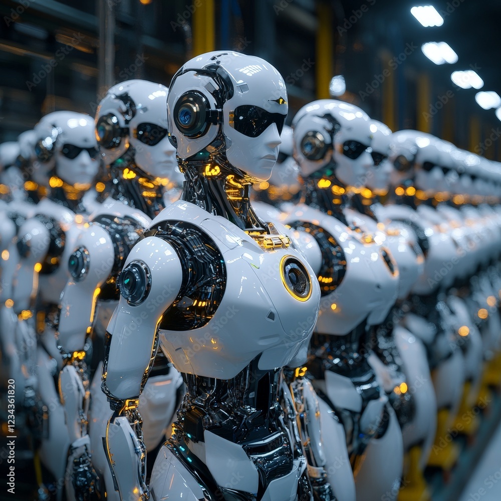 Fototapeta premium A line of advanced humanoid robots, emphasizing the future of AI, automation, and industrial innovation.