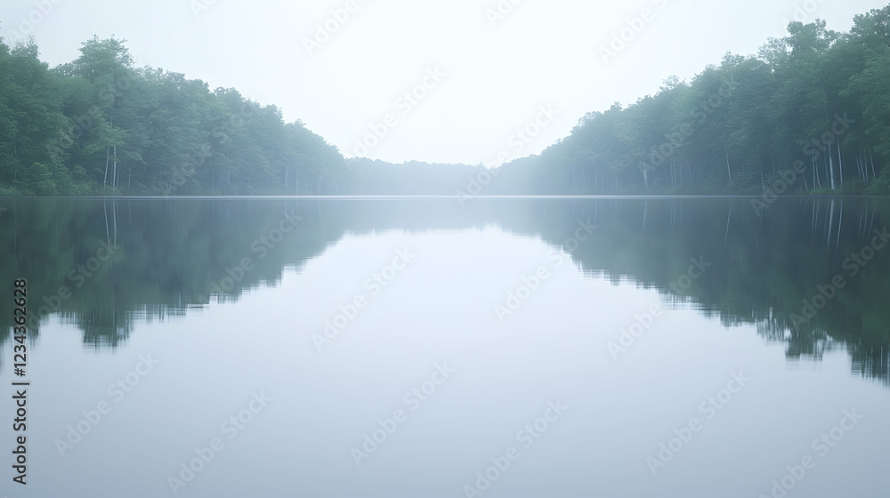 Serene misty lake reflection, tranquil forest background, nature photography Serene misty lake reflection, tranquil forest background, nature photography