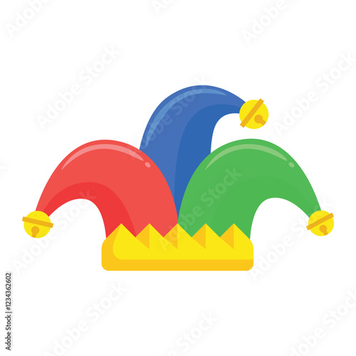 Threepointed jester hat with colorful bells on a multicolored base. Ideal for fun party invitations and festive event decorations. photo