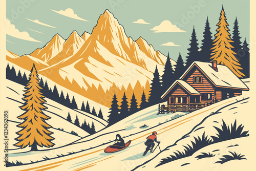 Winter wonderland, snowy alpine village, majestic mountain peaks, golden sunlight, vintage ski poster style, children sledding, pine trees, wooden chalets, picturesque landscape, nostalgic atmosphe