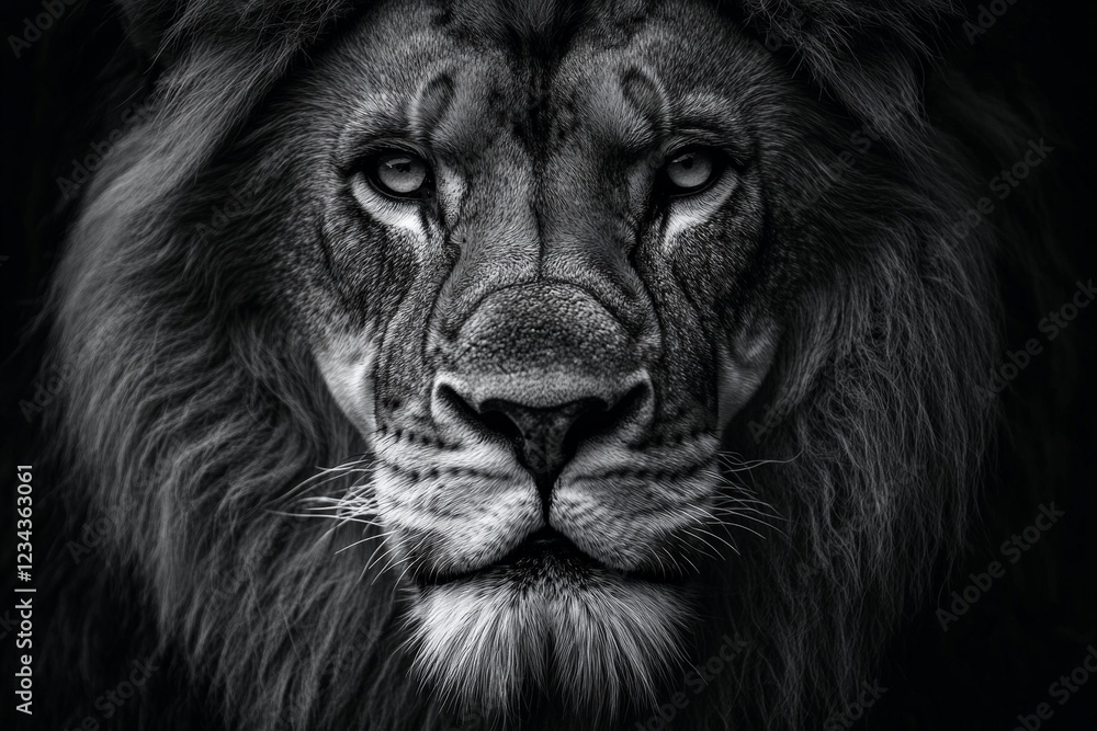 Strong and Majestic African Lion Staring Intensely at the Camera in a Dark Environment Strong and Majestic African Lion Staring Intensely at the Camera in a Dark Environment
