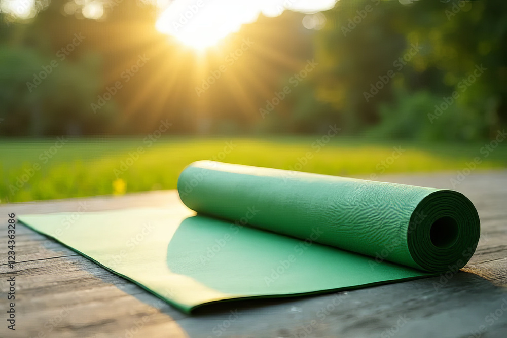green yoga mat is rolled out wooden surface, illuminated by warm sunlight. serene outdoor setting creates peaceful atmosphere green yoga mat is rolled out wooden surface, illuminated by warm sunlight. serene outdoor setting creates peaceful atmosphere
