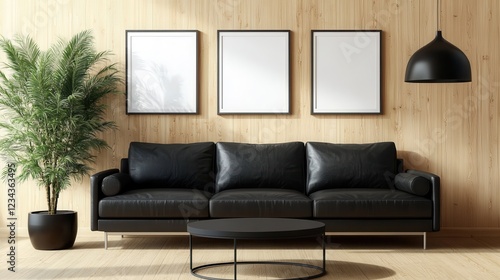 Modern black sofa stylish interior plant minimalist decor photo