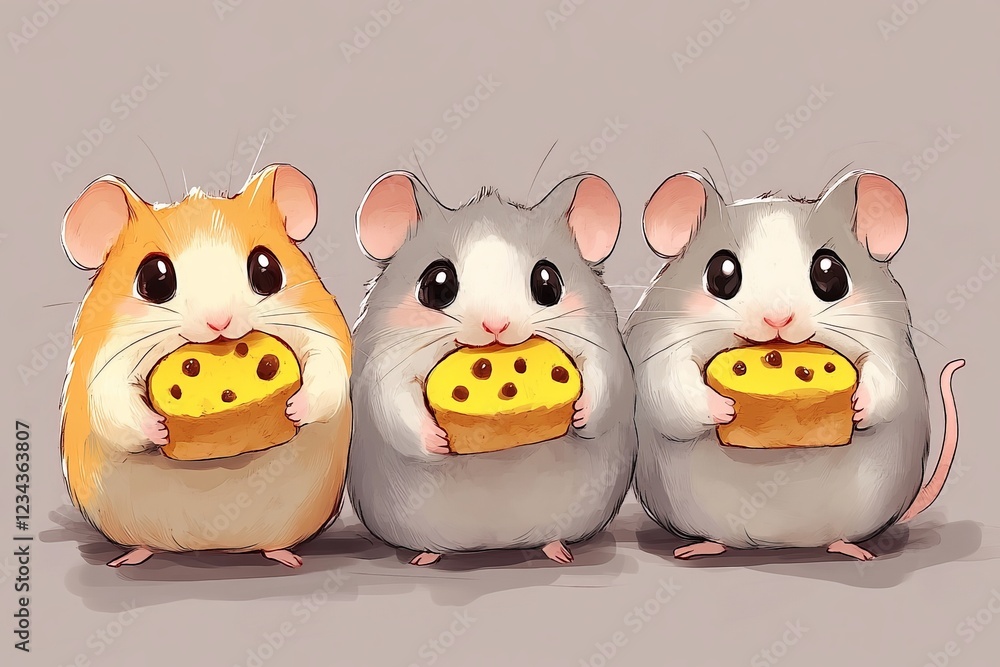 Fototapeta premium Three cute cartoon mice holding pieces of cheese in a whimsical setting