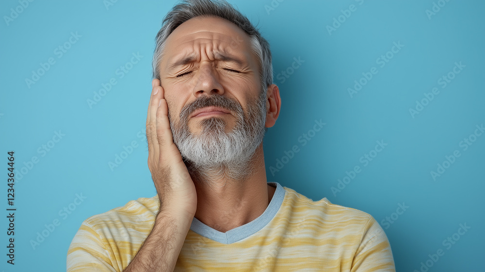 Fototapeta premium Middle-aged man experiencing neck pain while standing against a light blue background