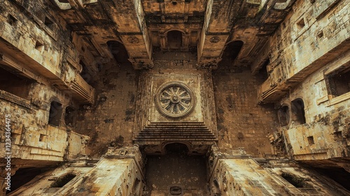 Ancient Indian Stepwell's Wheel, Ruins, Overhead View photo