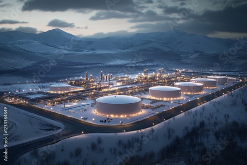 Industrial fuel storage facility illuminated at night in a snowy mountain region photo