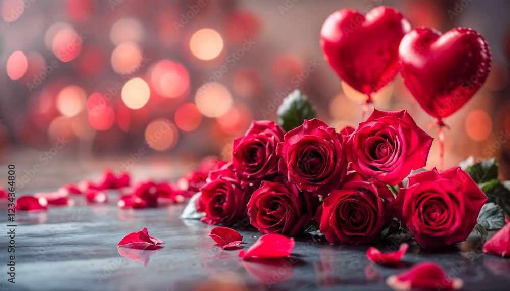Vibrant Red Roses And Balloons Creating Romantic Atmosphere, Vibrant Red Roses And Balloons Creating Romantic Atmosphere,