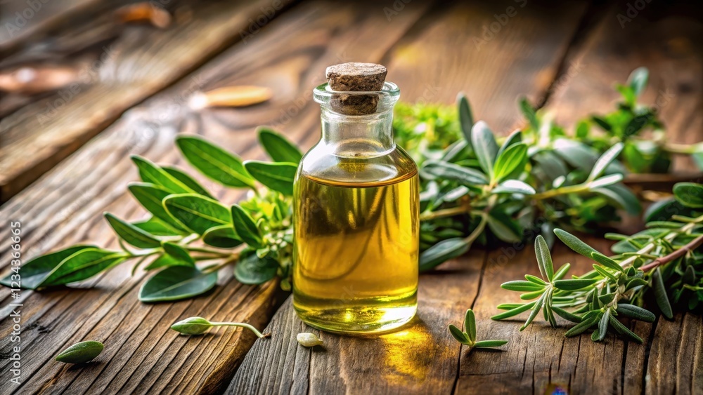Close-up of a small glass bottle filled with golden olive oil on a wooden table surrounded by bunches of fresh oregano leaves Close-up of a small glass bottle filled with golden olive oil on a wooden table surrounded by bunches of fresh oregano leaves
